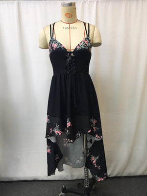 Black floral high-low cami dress with lace-up bodice and crisscross straps