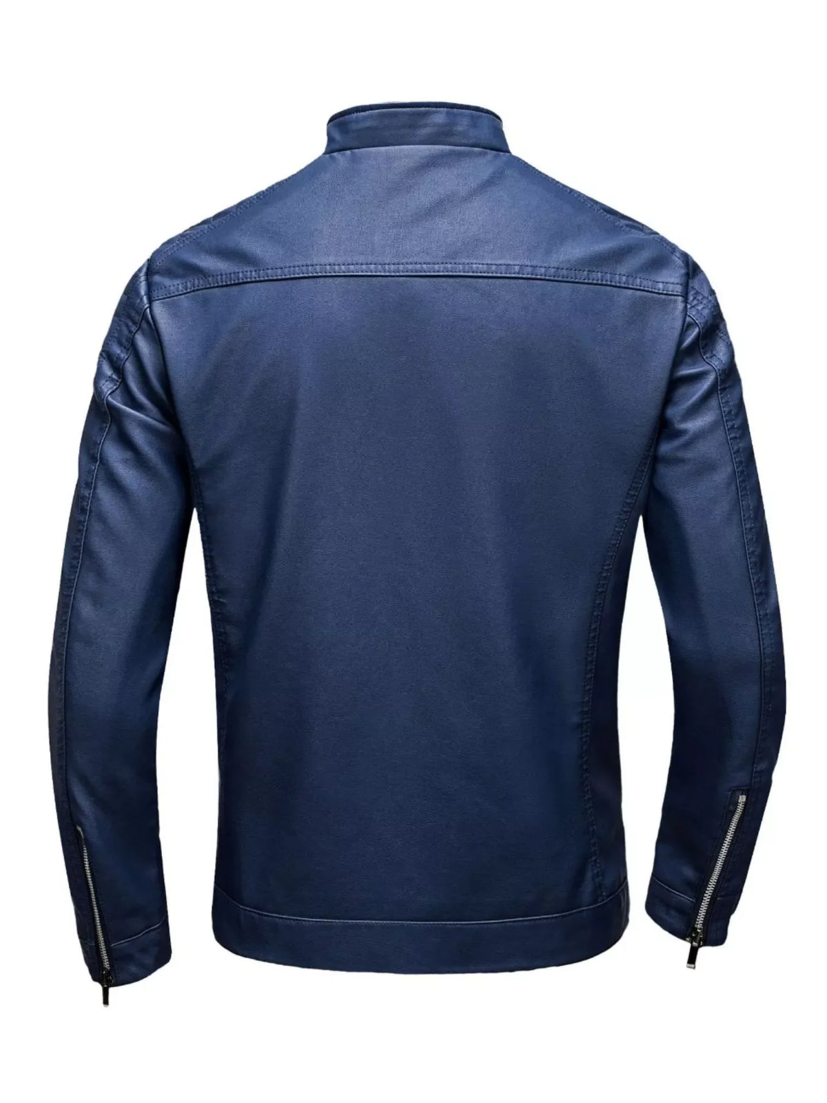 Blue zip-up long-sleeve jacket with zippered cuffs and a stand collar.