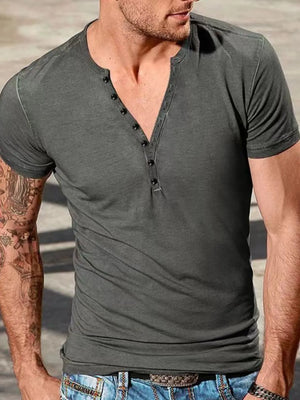 Men's dark gray slub cotton henley tee with button placket and short sleeves.