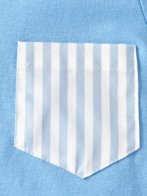 Pastel blue cotton tee with white and blue striped pocket detail.