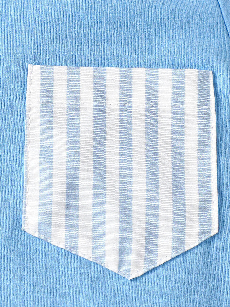 Pastel blue cotton tee with white and blue striped pocket detail.