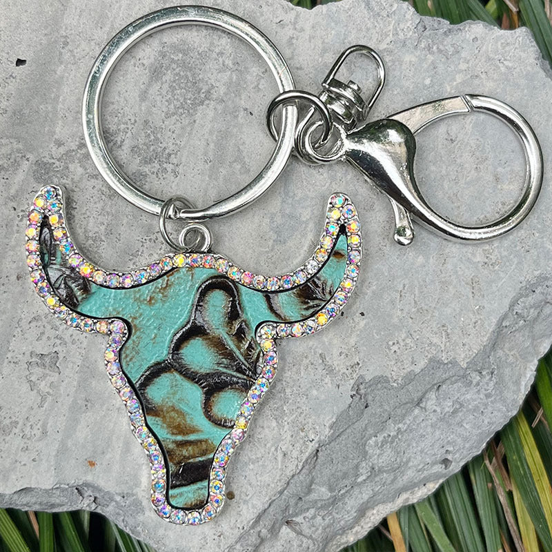 Textured bull head keyring with crystals and turquoise pattern, silver hardware