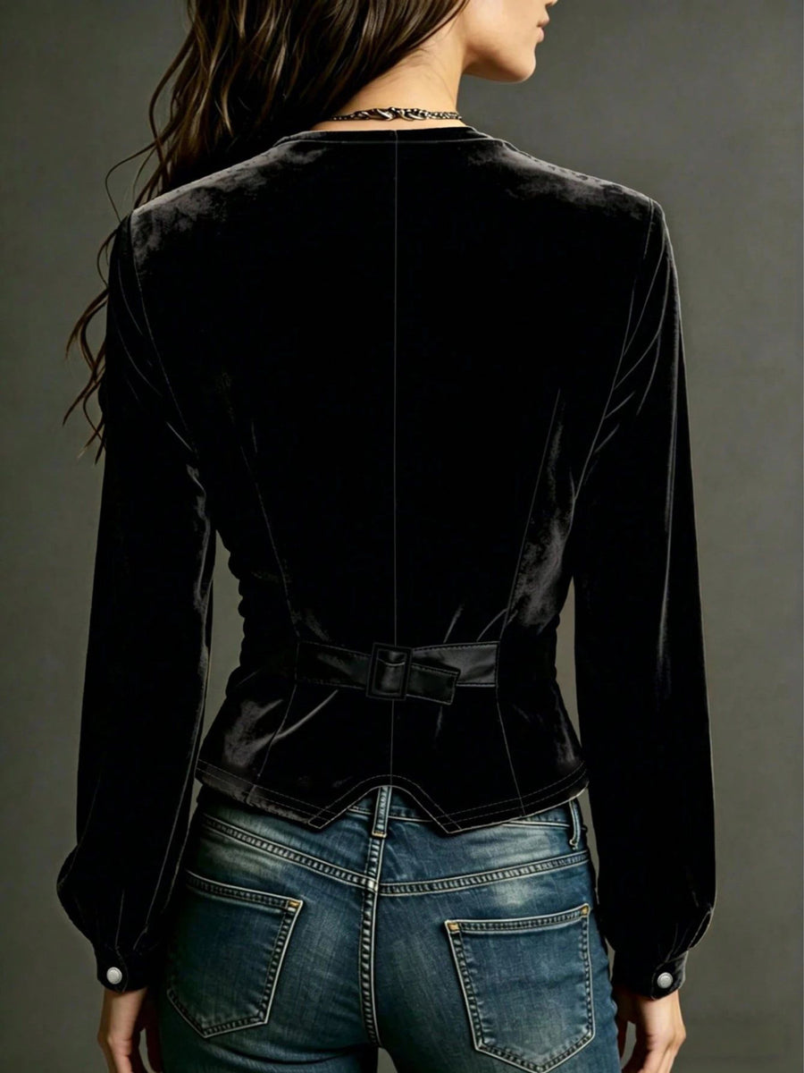Button Down Plunge Velvet Shirt in Black