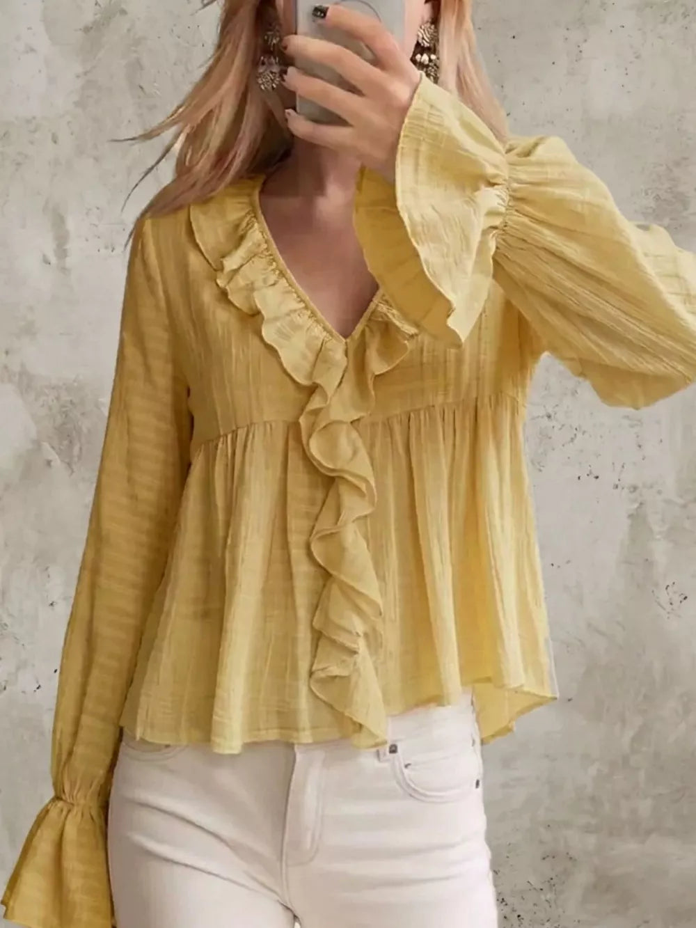 Ruffled V-neck Flounce Sleeve Blouse in Off-white