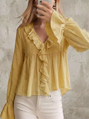 Ruffled V-neck Flounce Sleeve Blouse in Off-white