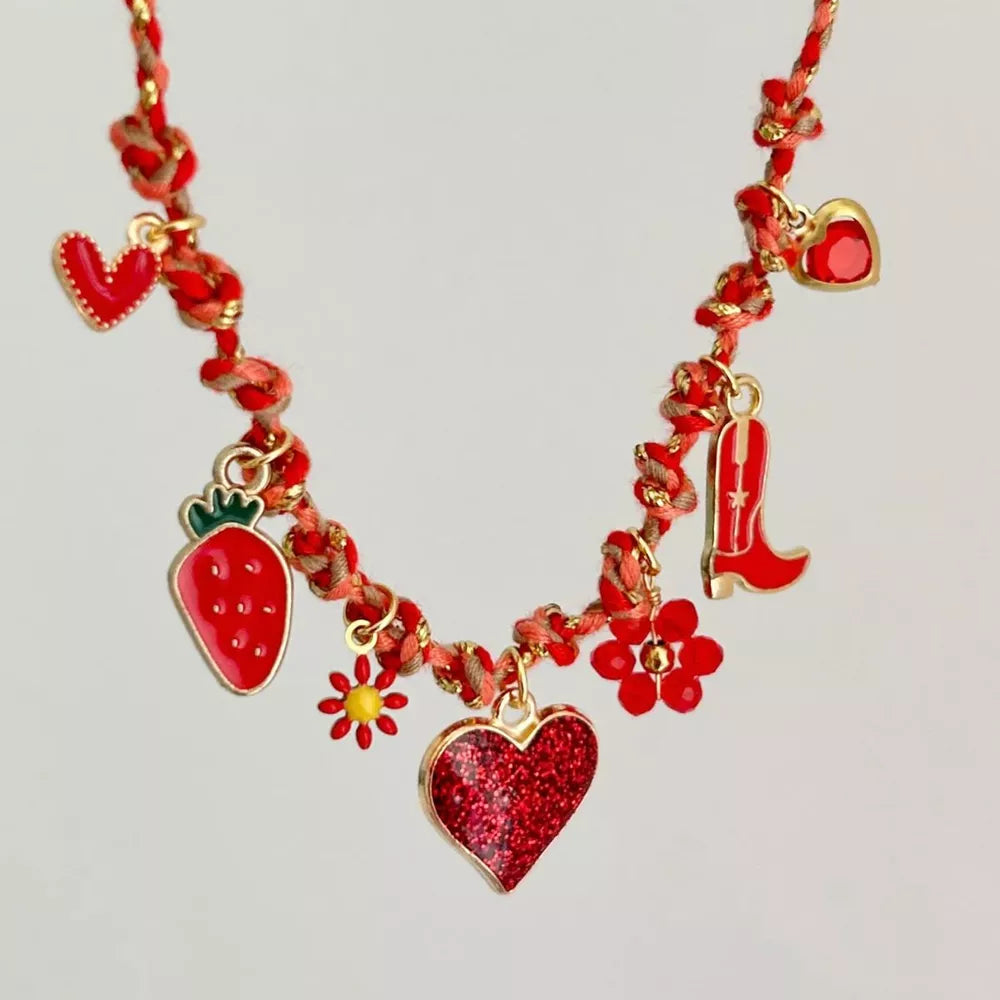 18k Gold-plated Stainless Steel Charm Necklace in Pink heart with charm details