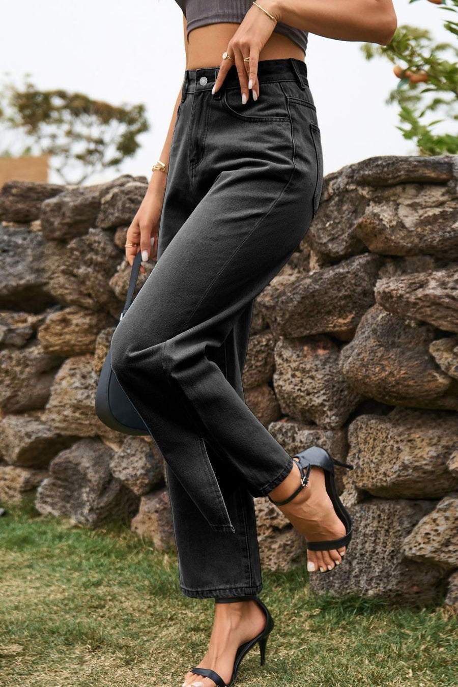 Dark wash split hem straight leg jeans with cropped length