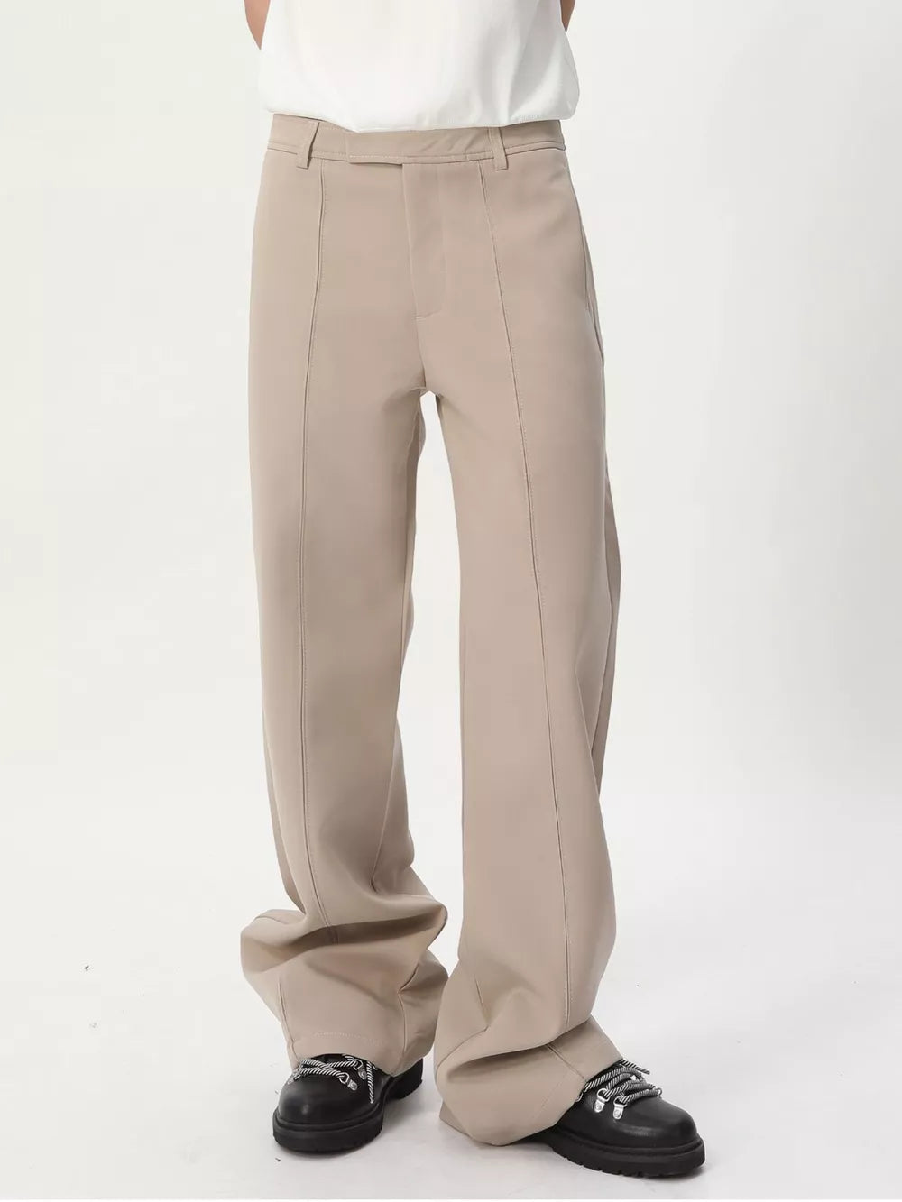 Apricot wide-leg sweatpants with front seam detail and adjustable waist.