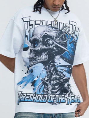 White men's t-shirt with bold skull graphic and text.