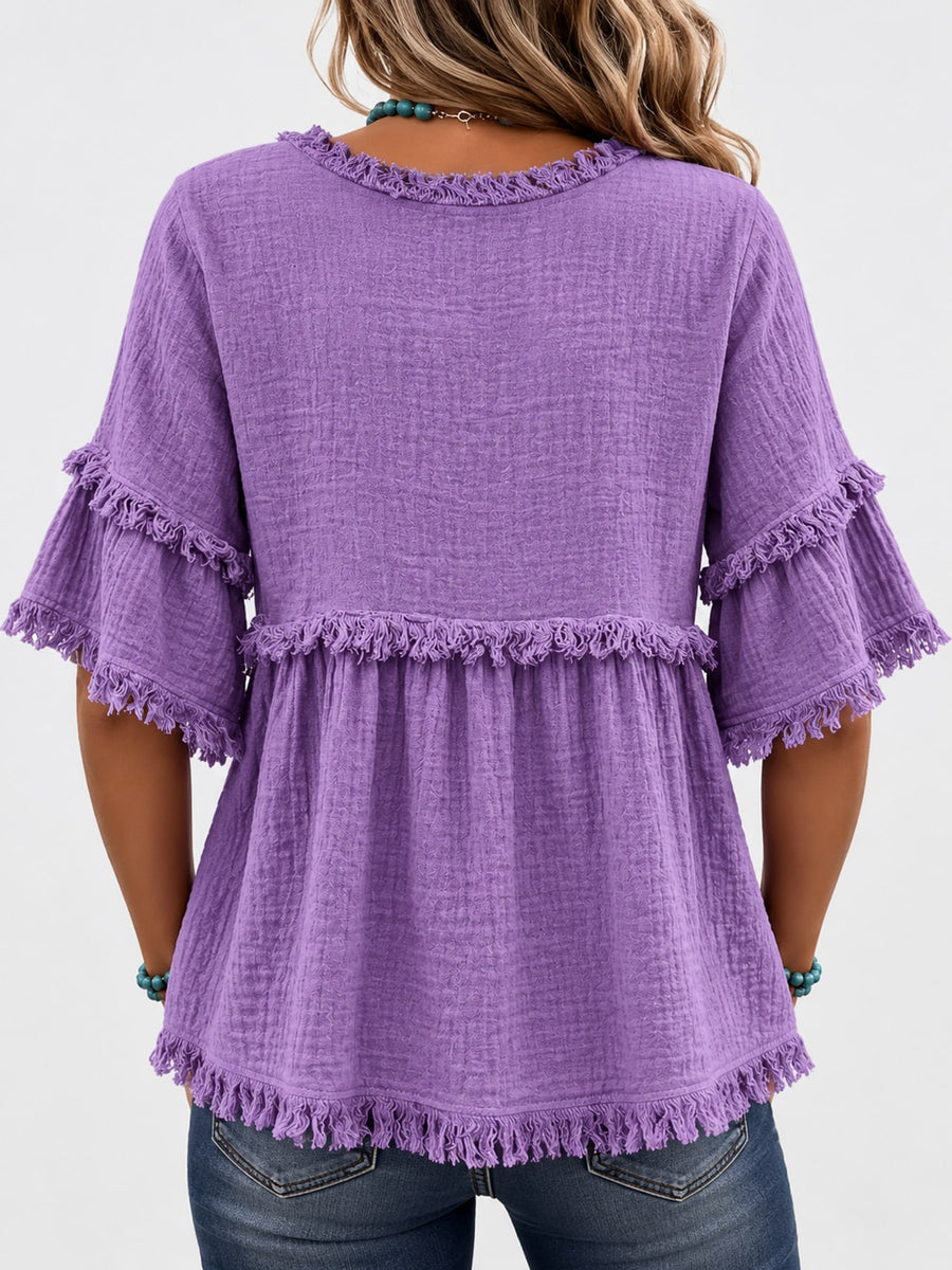 blouse in Green with fringe and hip-length
