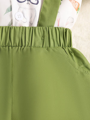 Baby cotton bunny print shirt and green suspender shorts set