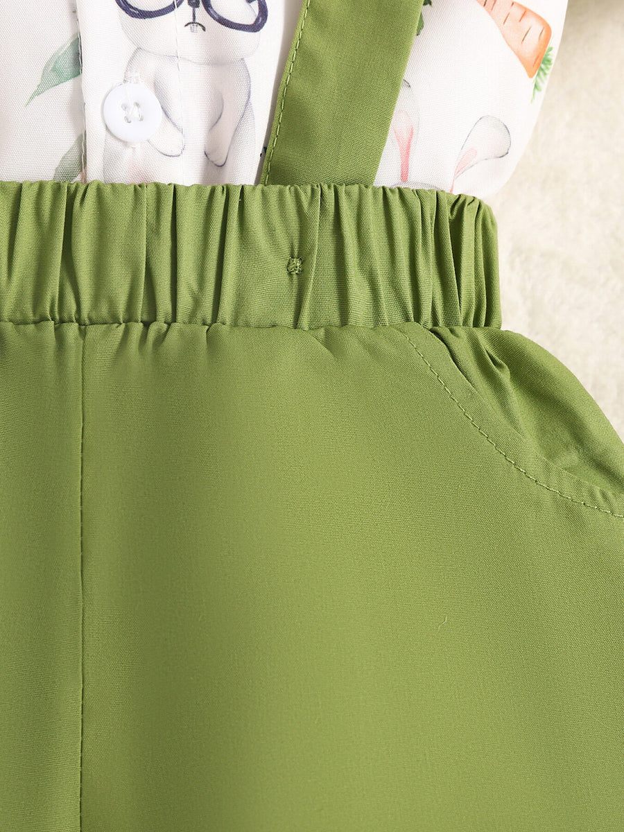Baby cotton bunny print shirt and green suspender shorts set