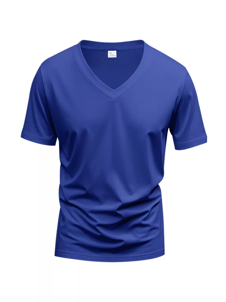 Royal blue cotton V-neck t-shirt with short sleeves and a slim fit.