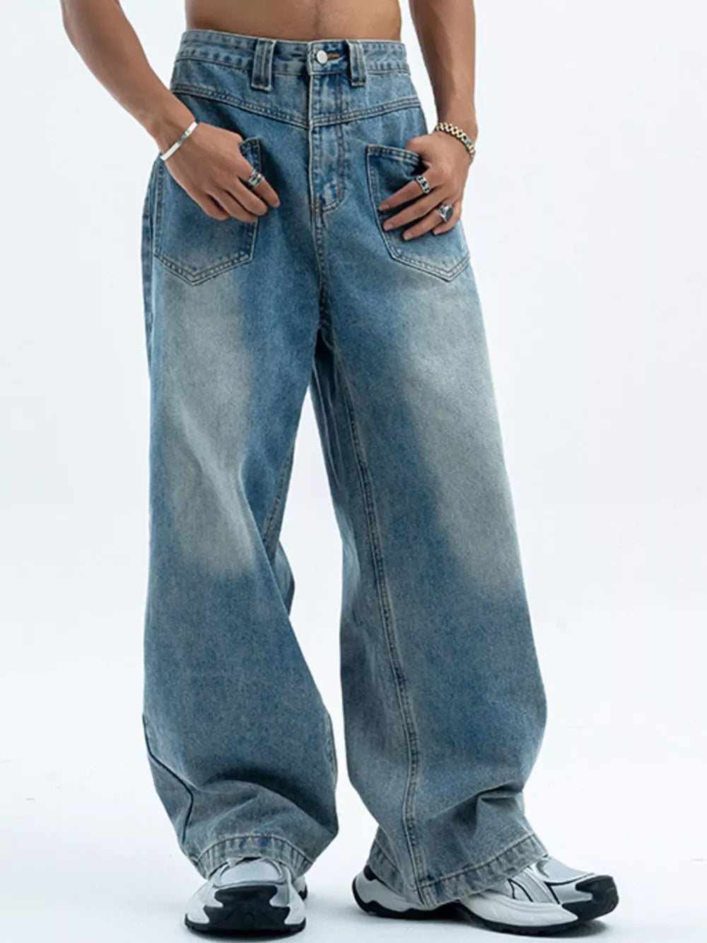 Blue Men S Vintage Wash Wide Leg Jeans