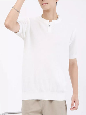 Men's white knitted henley shirt with short sleeves and a two-button placket.