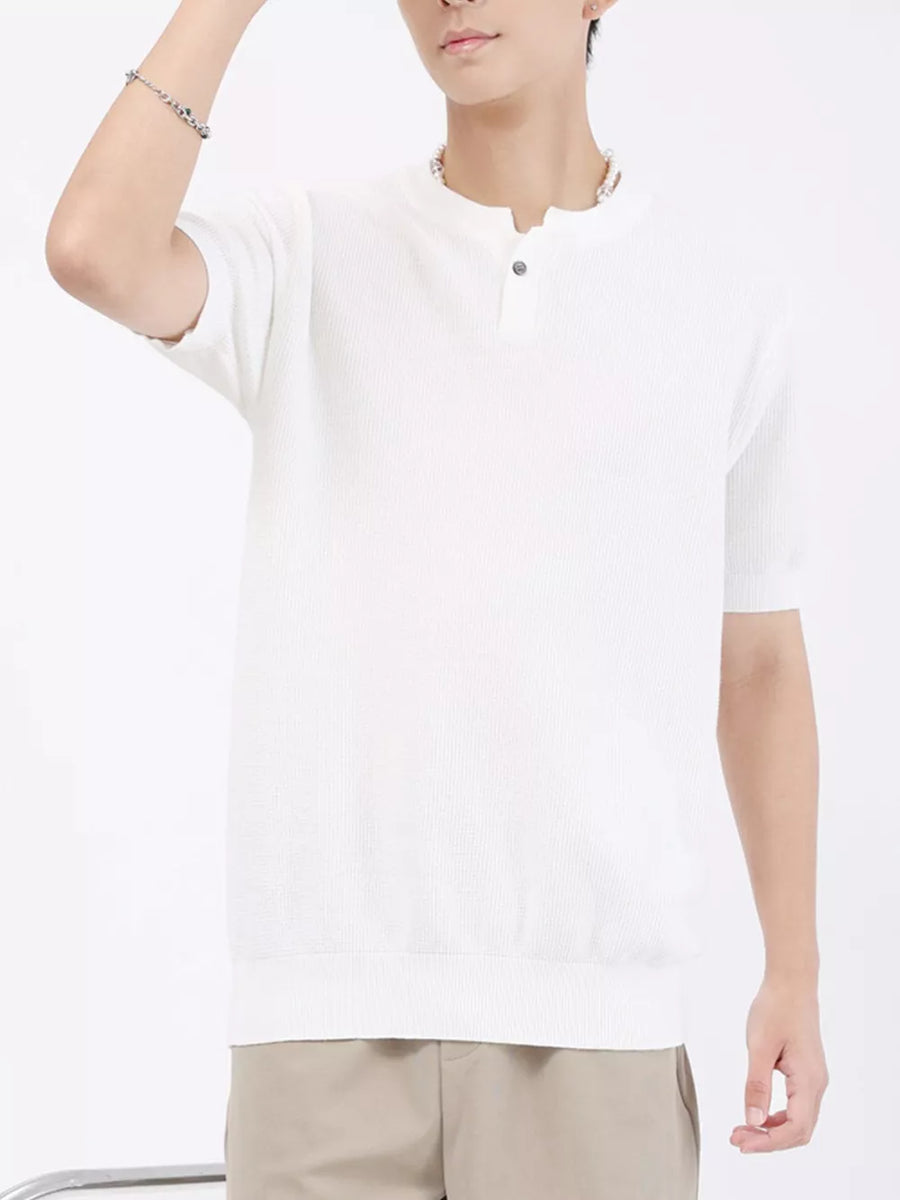 Men's white knitted henley shirt with short sleeves and a two-button placket.
