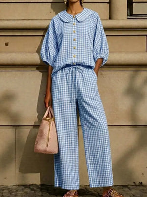 Yellow Full Size Plaid Button Up Shirt And Pants Set Plus Size