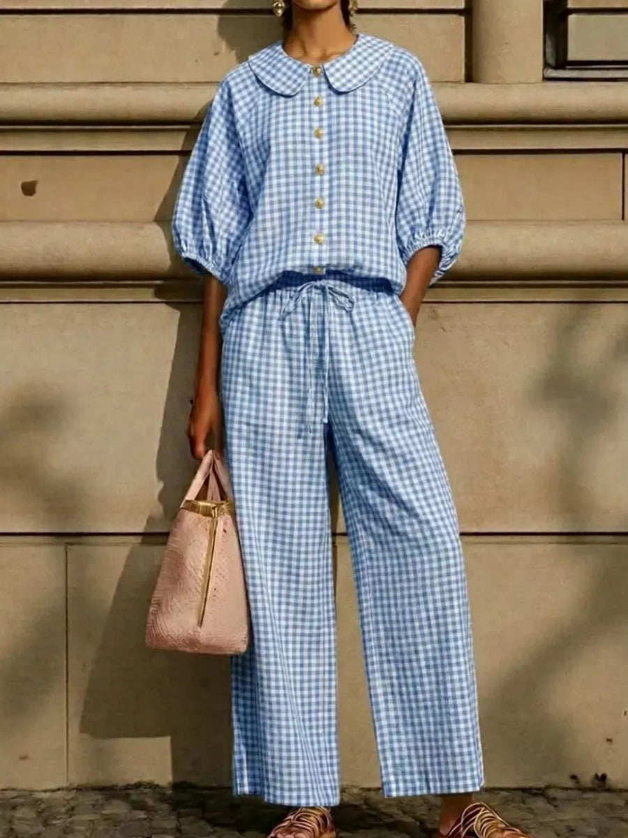 Yellow Full Size Plaid Button Up Shirt And Pants Set Plus Size