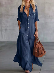 Gray Button Front Roll-up Sleeve Maxi Dress Plus Size