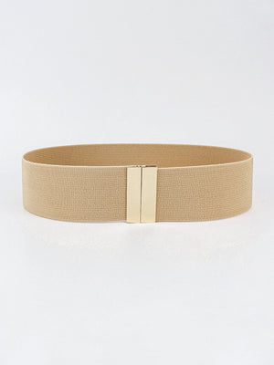 Tan elastic belt with a gold-tone clasp closure