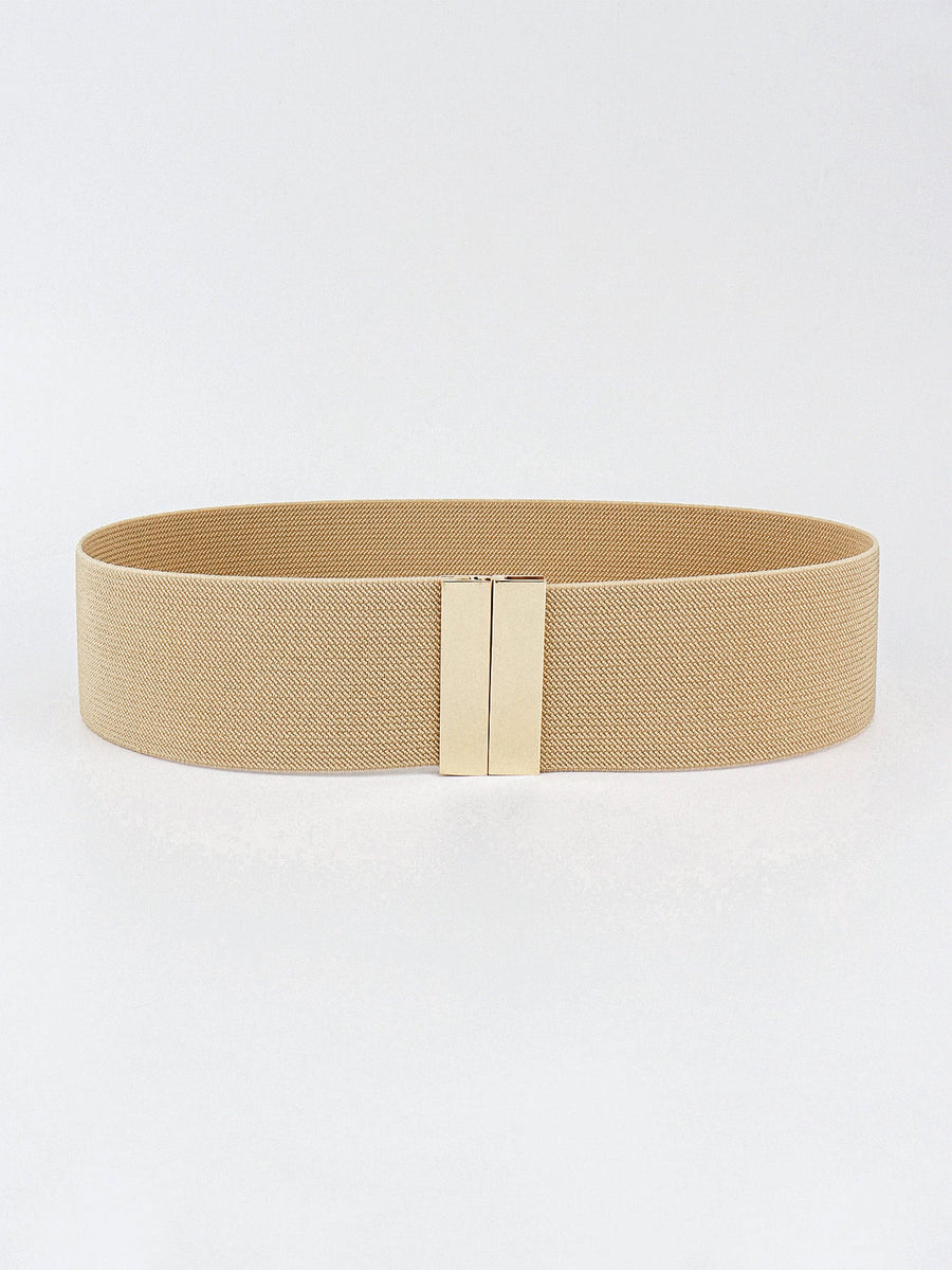 Tan elastic belt with a gold-tone clasp closure