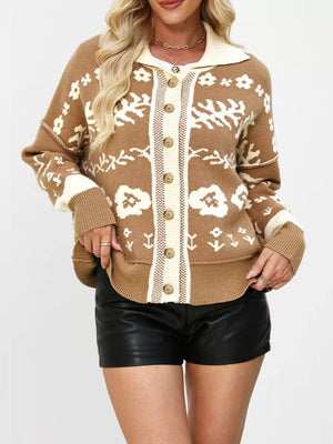 cream cardigan featuring buttoned and floral