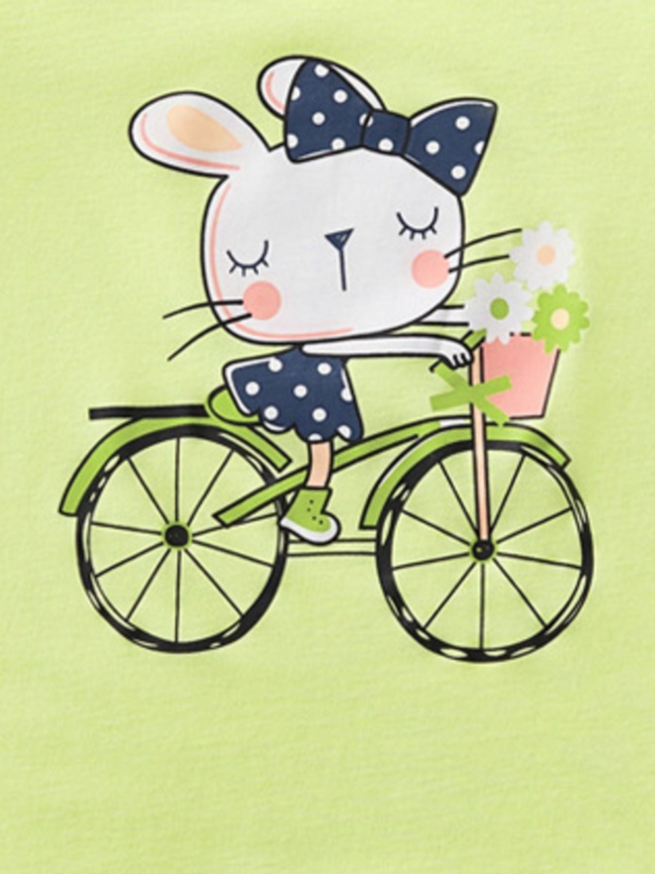 Toddler t-shirt with a graphic of a bunny riding a bicycle with flowers in the basket.