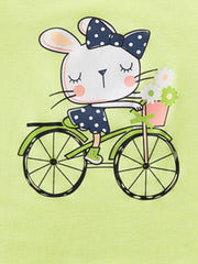Toddler t-shirt with a graphic of a bunny riding a bicycle with flowers in the basket.