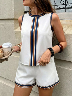White sleeveless top and shorts set with navy and brown stripe accents
