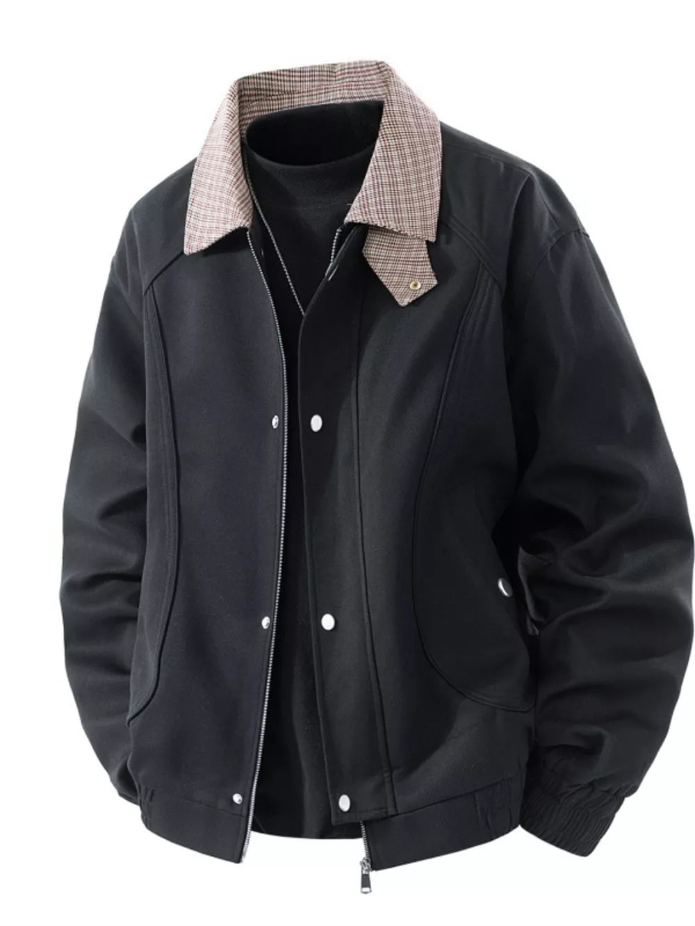 Black zip-up jacket with plaid collar and button details, styled over a black turtleneck.