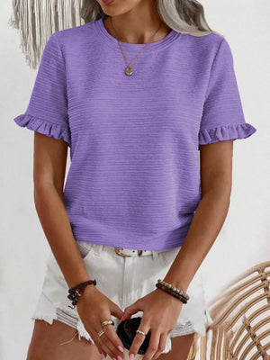 Purple textured t-shirt with ruffle short sleeves and crew neck.