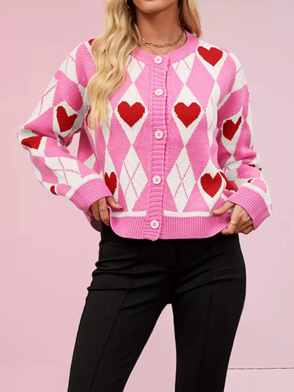 pink cardigan with argyle and round neck