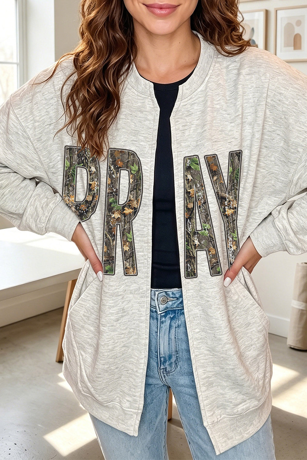 light gray tunic with camo and collarless