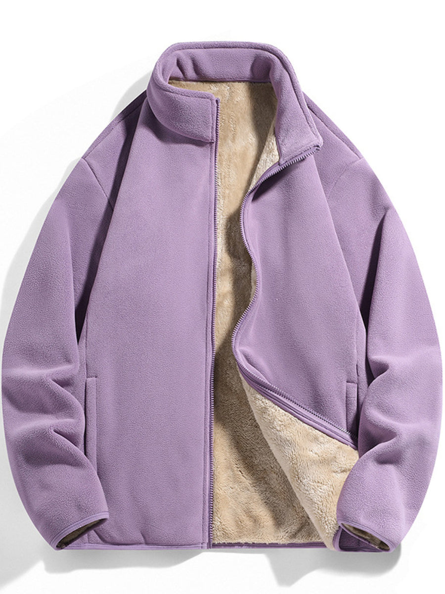 Purple fleece jacket with sherpa lining and stand collar