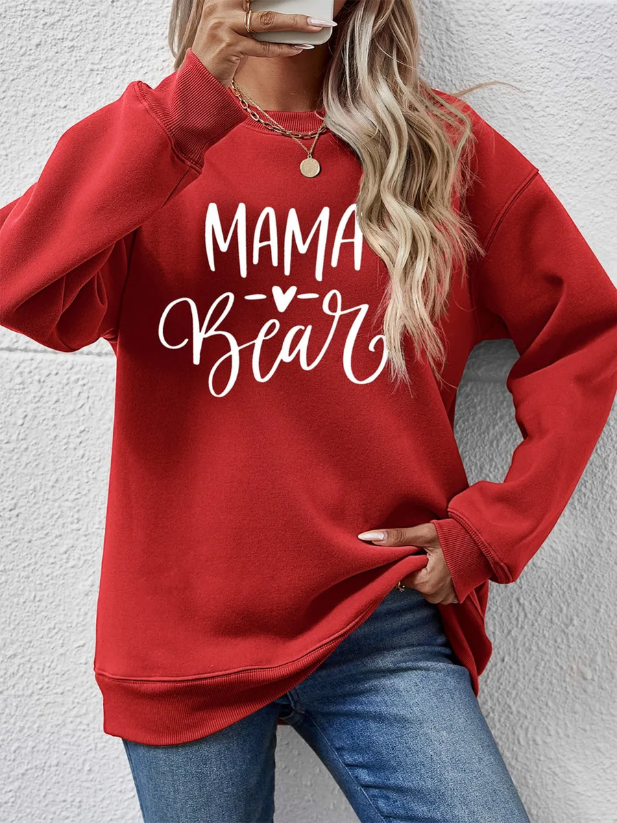 Mama Bear graphic sweatshirt in Deep Red with crew neck and long sleeves.