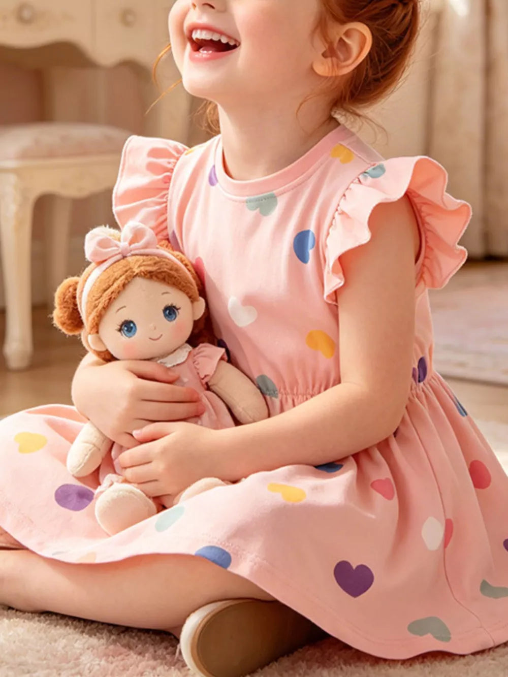 Pink cotton blend baby dress with heart print and ruffled sleeves.