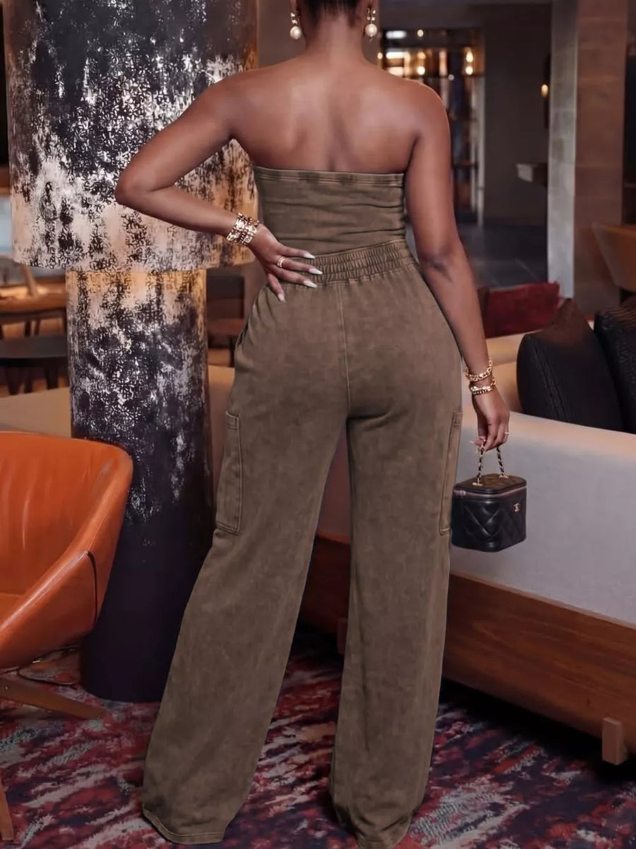 Brown washed cotton strapless jumpsuit with wide legs and cargo pockets