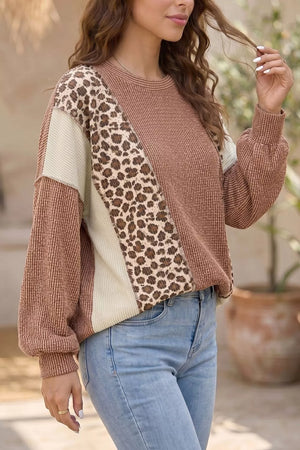 Leopard Print Colorblock Ribbed Knit Blouse option 3
