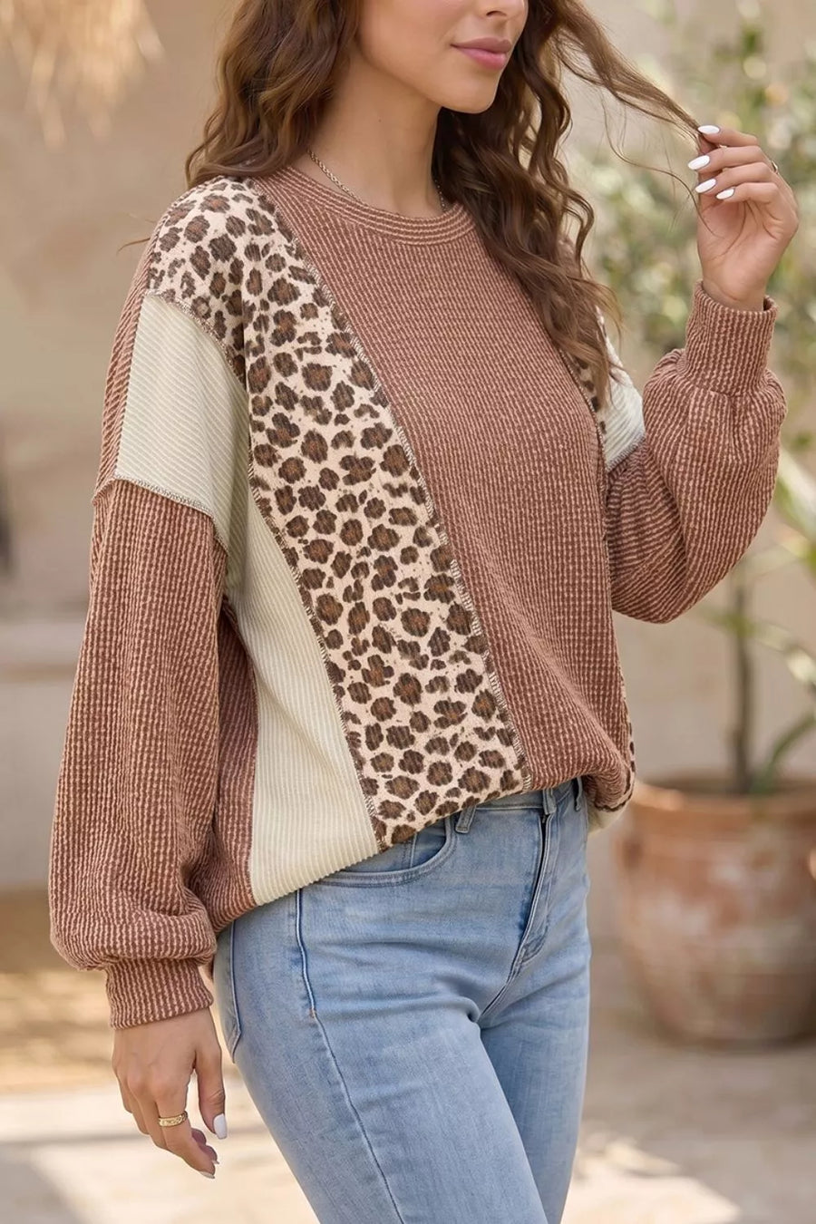 Leopard Print Colorblock Ribbed Knit Blouse option 3