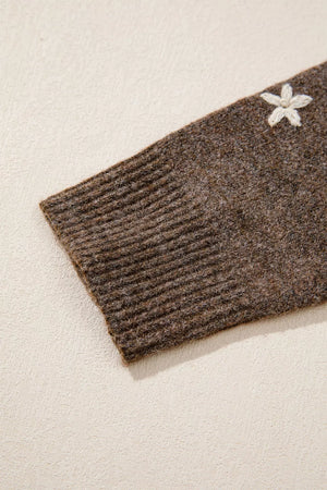 chocolate brown mock neck sweater with ribbed cuffs and long sleeve