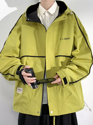 Light Khaki Men's Plus Size Contrast Trim Zip Up Jacket