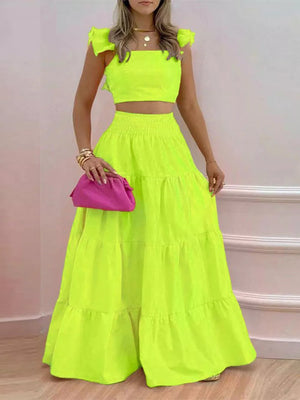 Lime ruffled crop top and tiered maxi skirt set with square neckline and flutter sleeves.