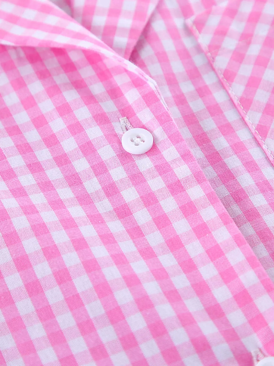Gingham Button-down Top And Pants Loungewear Set in Fuchsia Pink with buttoned