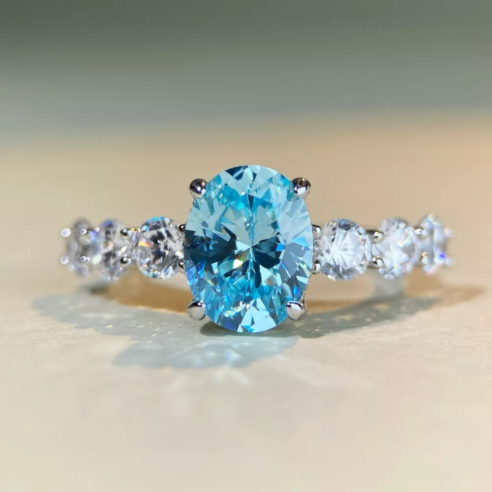 925 Sterling Silver Oval Ring With Diamonds in Pastel Blue with oval cut stone