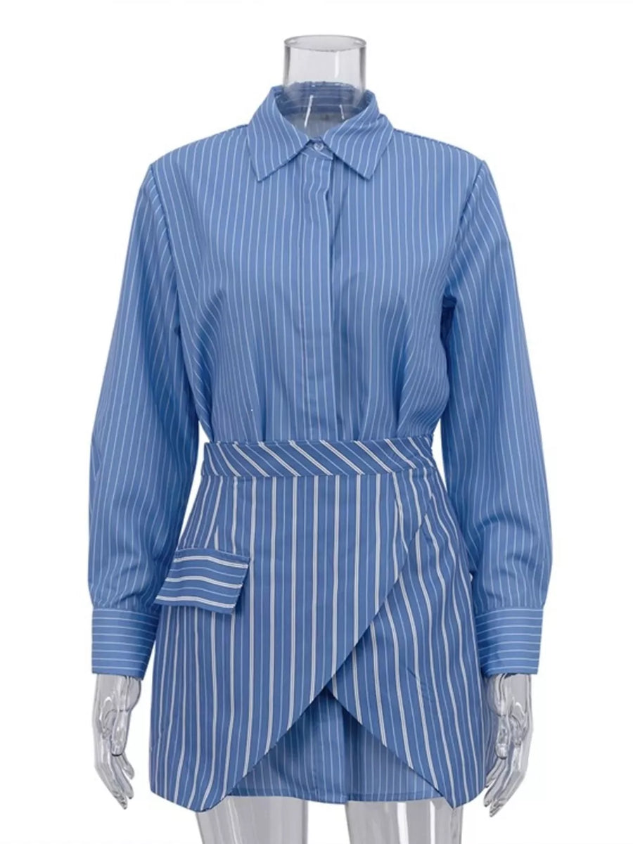 Dusty Blue with Striped Buttoned Shirt And Mini Skirt Set