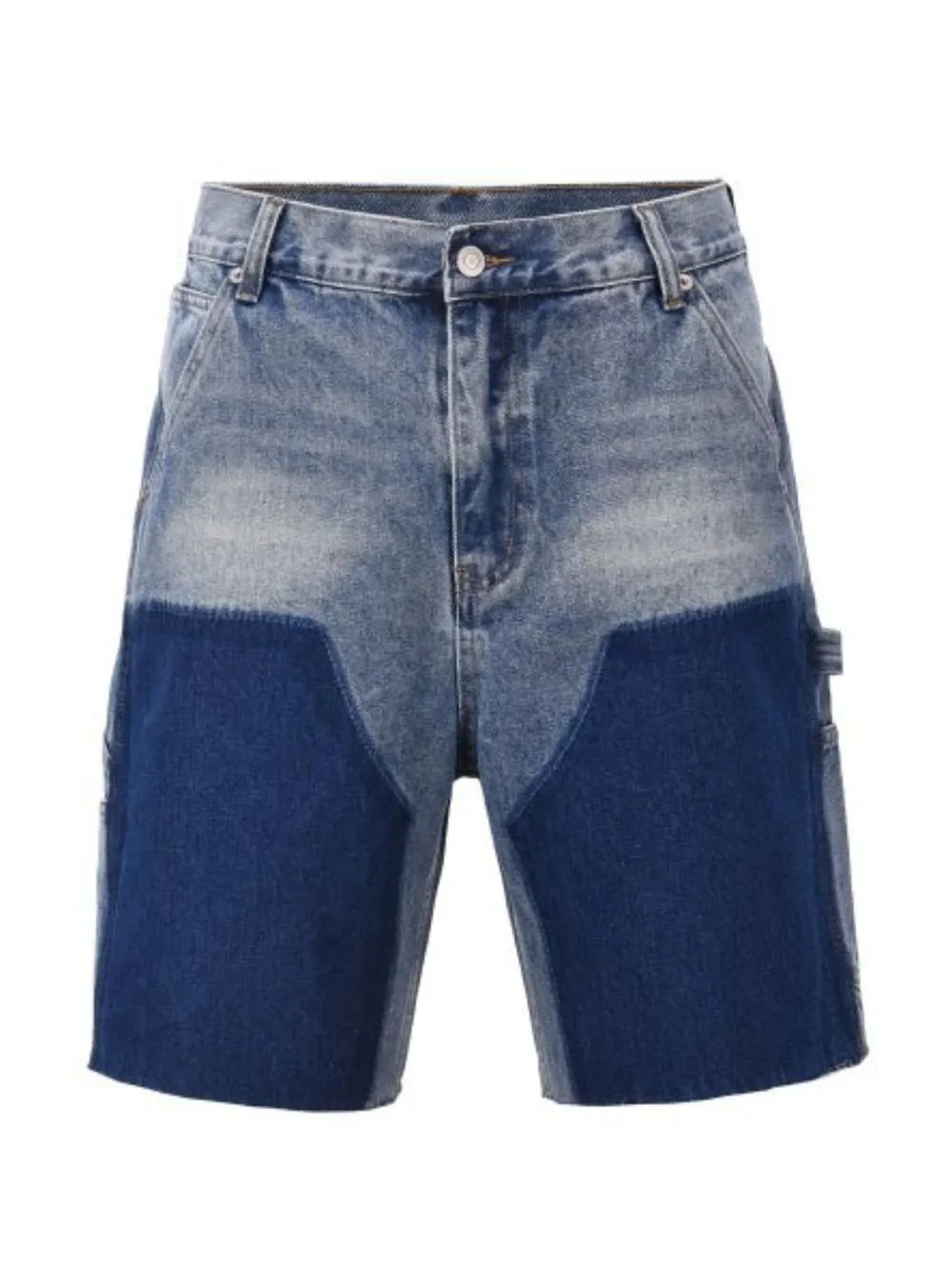 Panelled denim carpenter shorts in dark and medium blue wash with raw hem