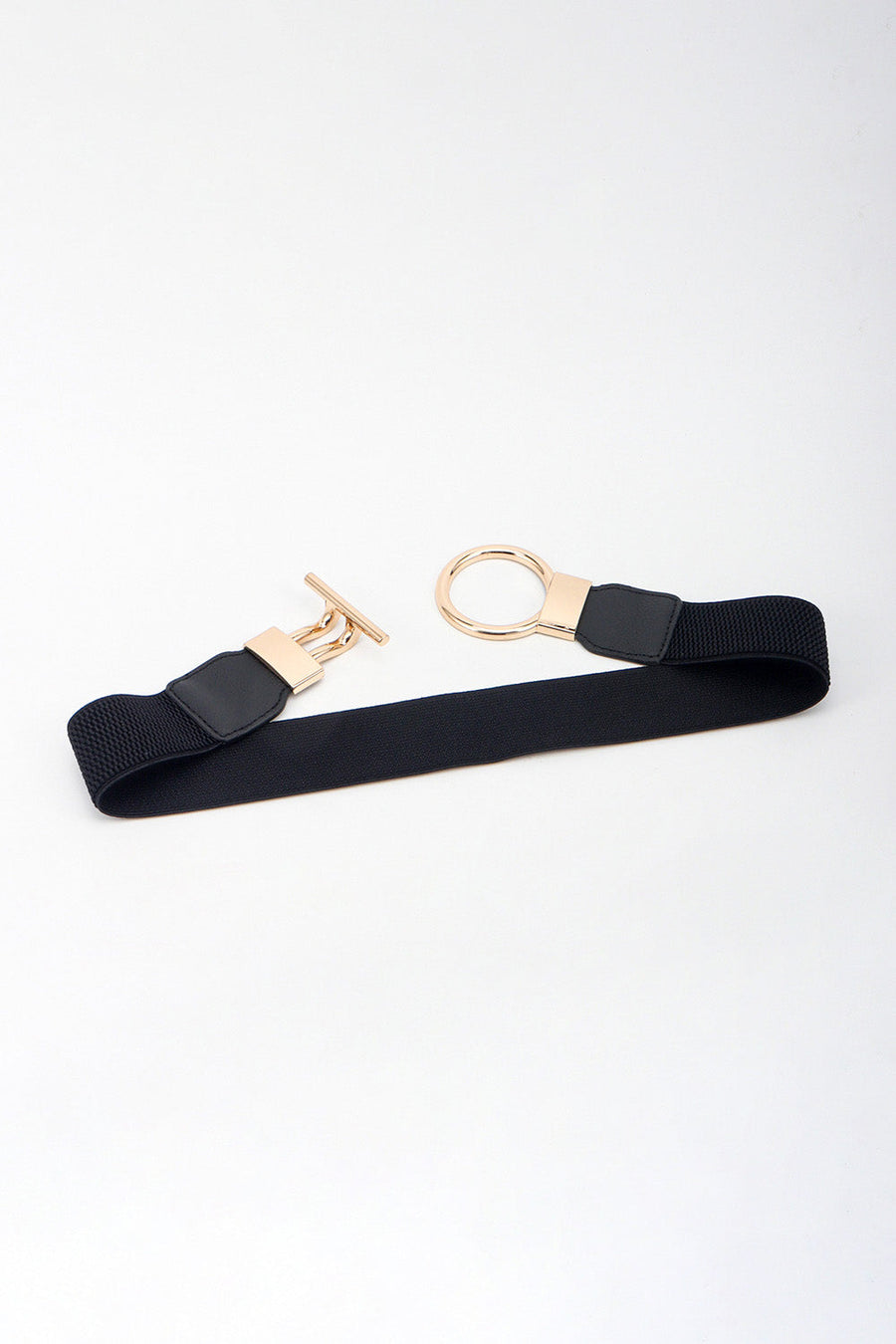 Black elasticated ring buckle belt with gold hardware detail