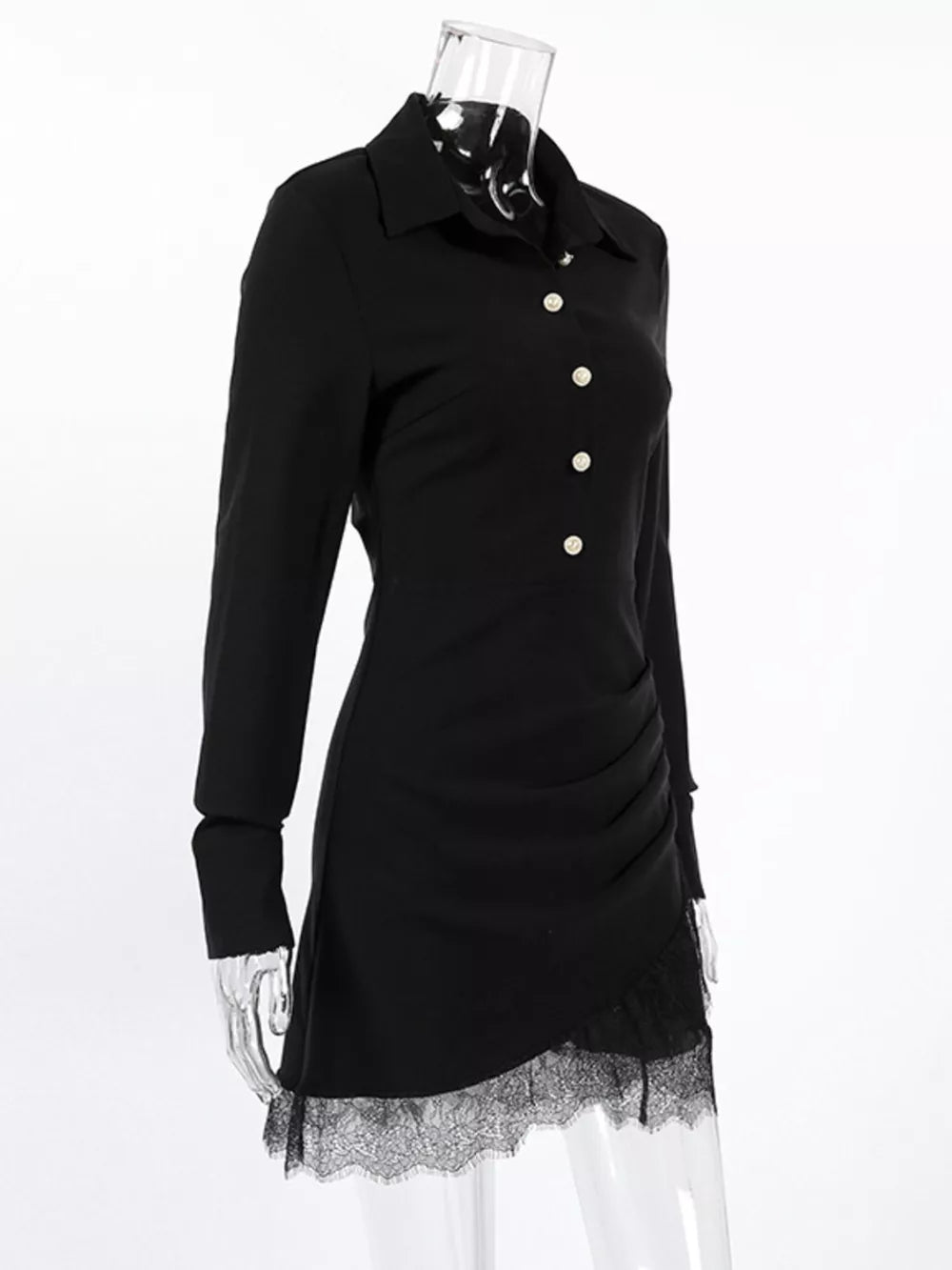 Long-sleeve Shirt Dress With Lace Hem in Black with buttoned