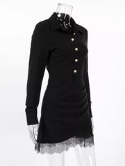 Long-sleeve Shirt Dress With Lace Hem in Black with buttoned