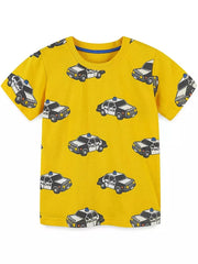 Yellow t-shirt with allover police car print and blue neckline trim.